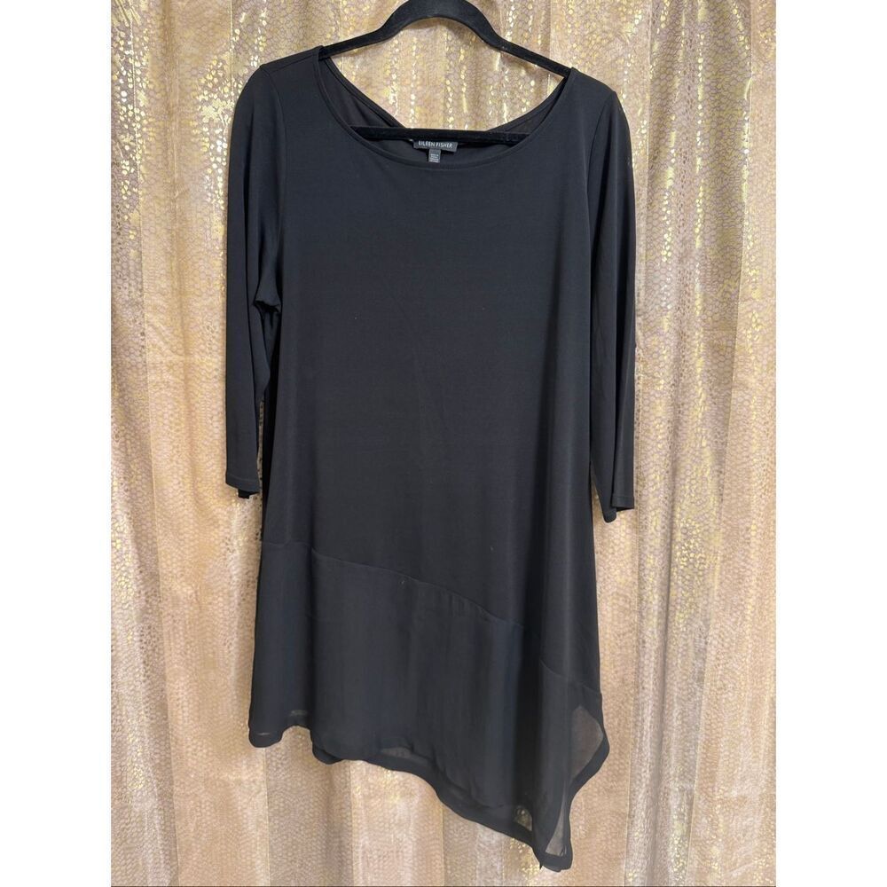 Eileen Fisher Black 100% Silk Asymmetrical Quarter Sleeve Tunic Top Blouse Mediu
